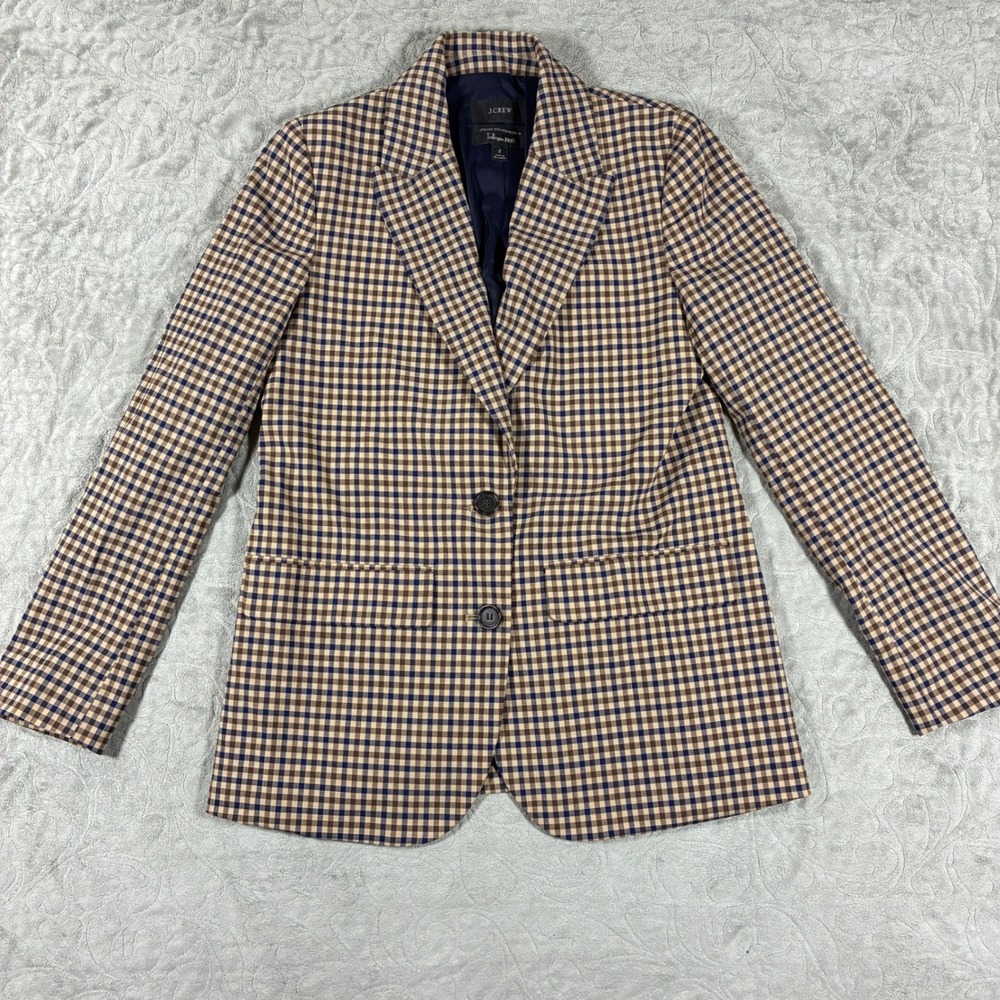 J.Crew Boyfriend Plaid Blazer Size 2 Italian Stretch Wool Tollegno 1900 Preppy